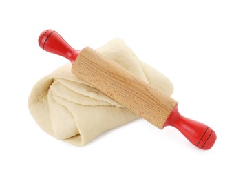 Photo of Raw dough and rolling pin isolated on white