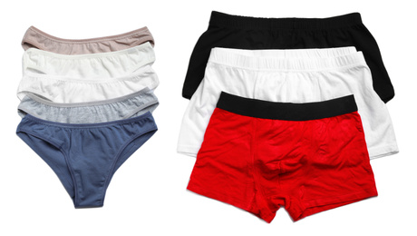 Set of different underwear on white background