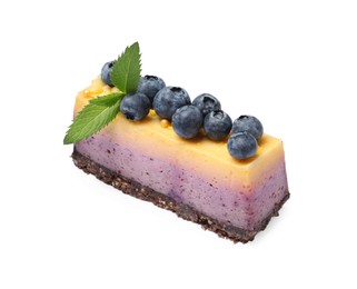 Photo of Delicious cheesecake with blueberry and mint isolated on white