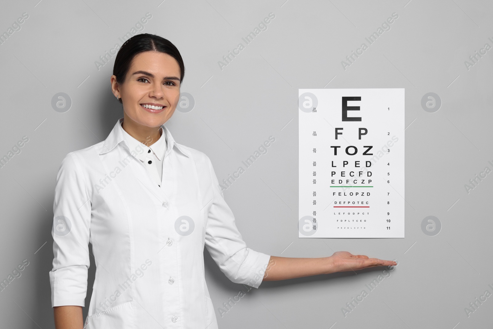 Photo of Ophthalmologist showing vision test chart on gray wall