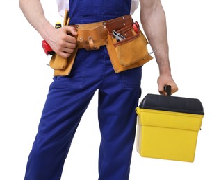 Photo of Professional repairman with tool box on white background