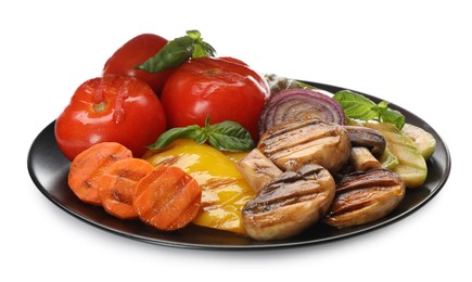 Photo of Different delicious grilled vegetables on white background
