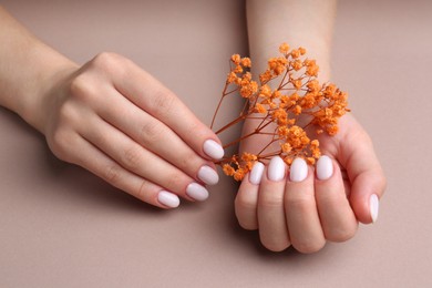 Woman with white nail polish holding dry flowers on light brown background, closeup