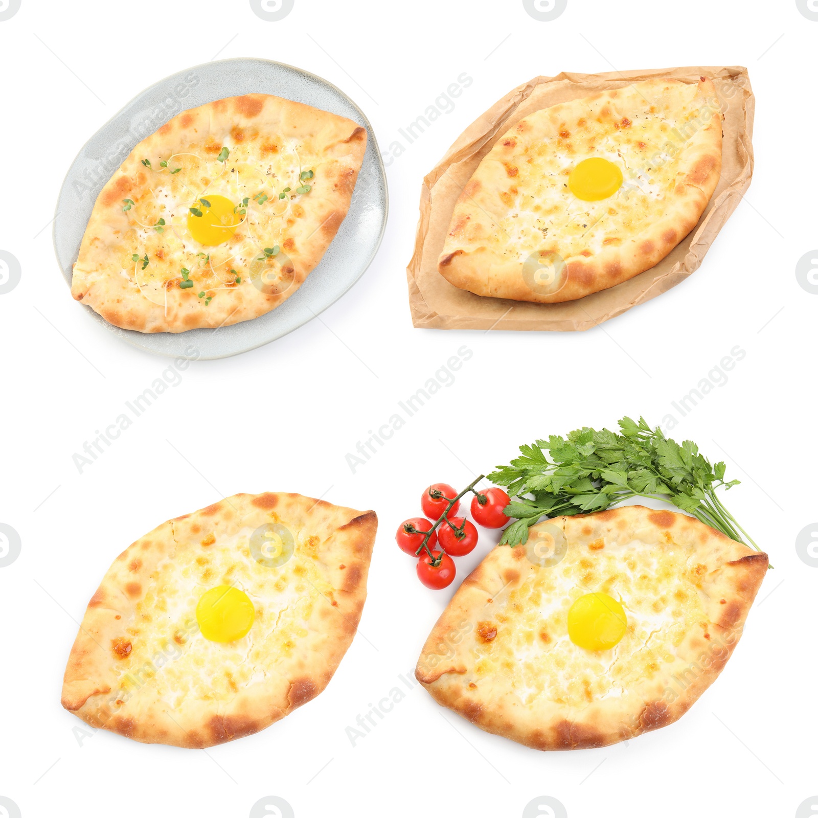 Image of Collage with tasty Adjarian khachapuris on white background