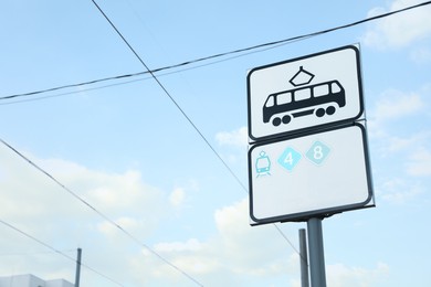 Tram stop sign against blue sky. Space for text