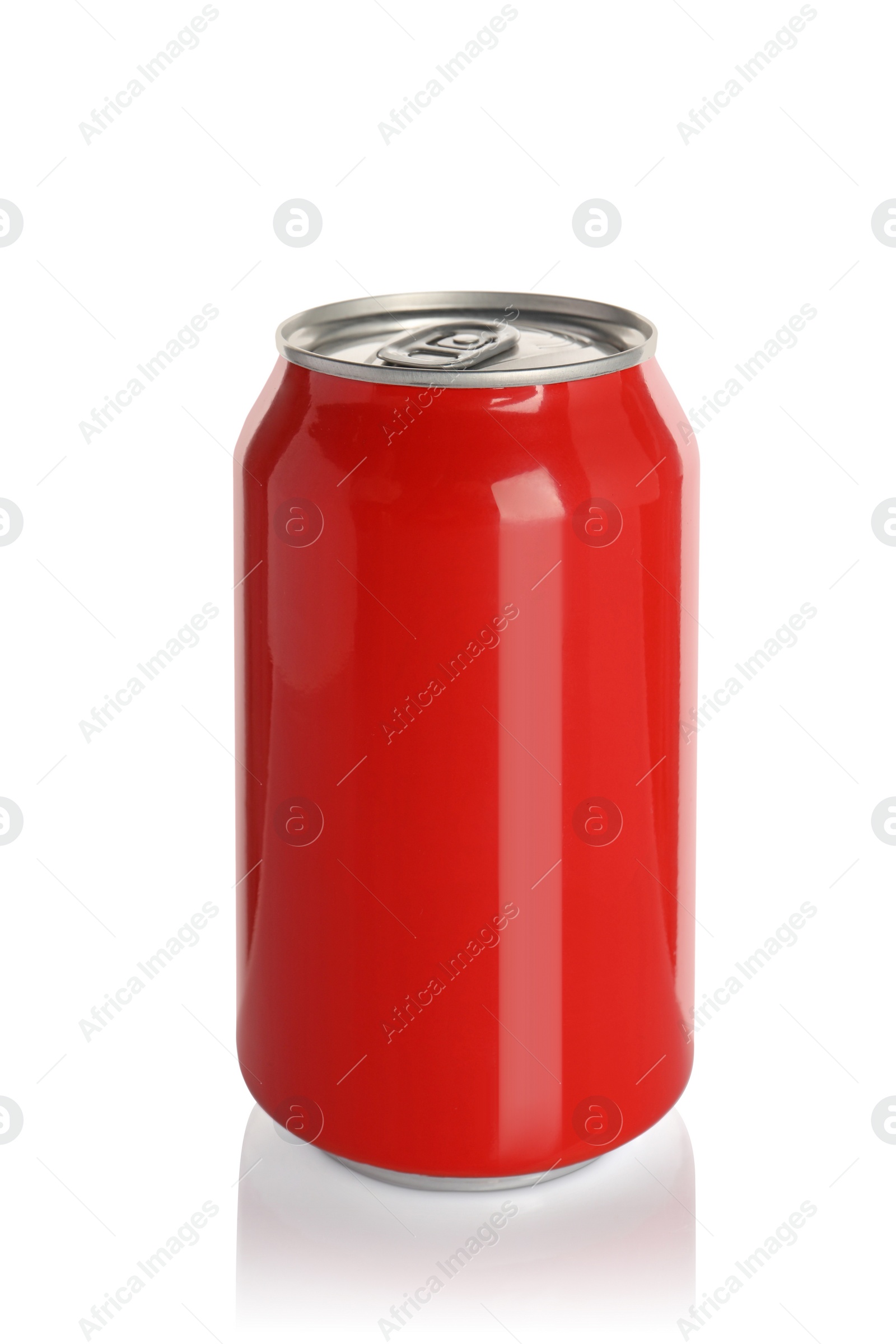 Photo of Red aluminum can with drink isolated on white