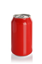 Photo of Red aluminum can with drink isolated on white
