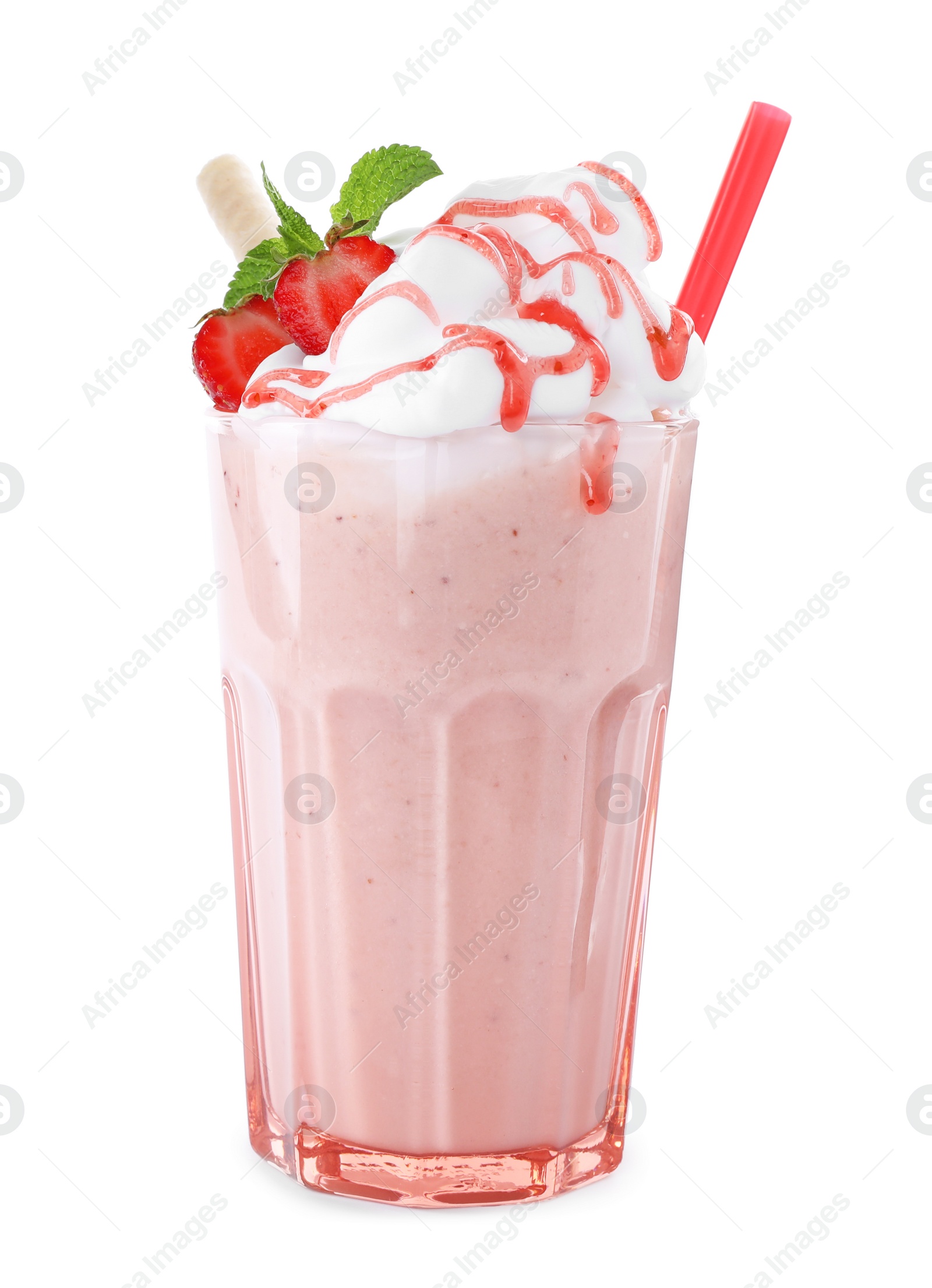 Photo of Tasty strawberry milk shake in glass on white background