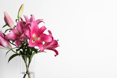 Photo of Beautiful pink lily flowers in vase on white background, space for text