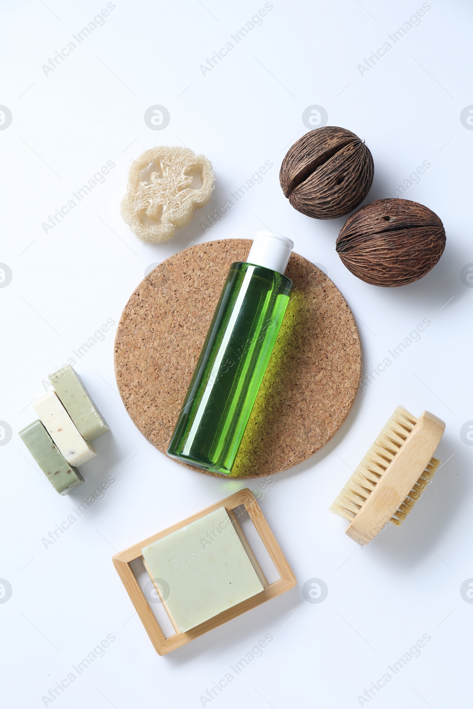 Photo of Bath accessories. Flat lay composition with personal care products on white background