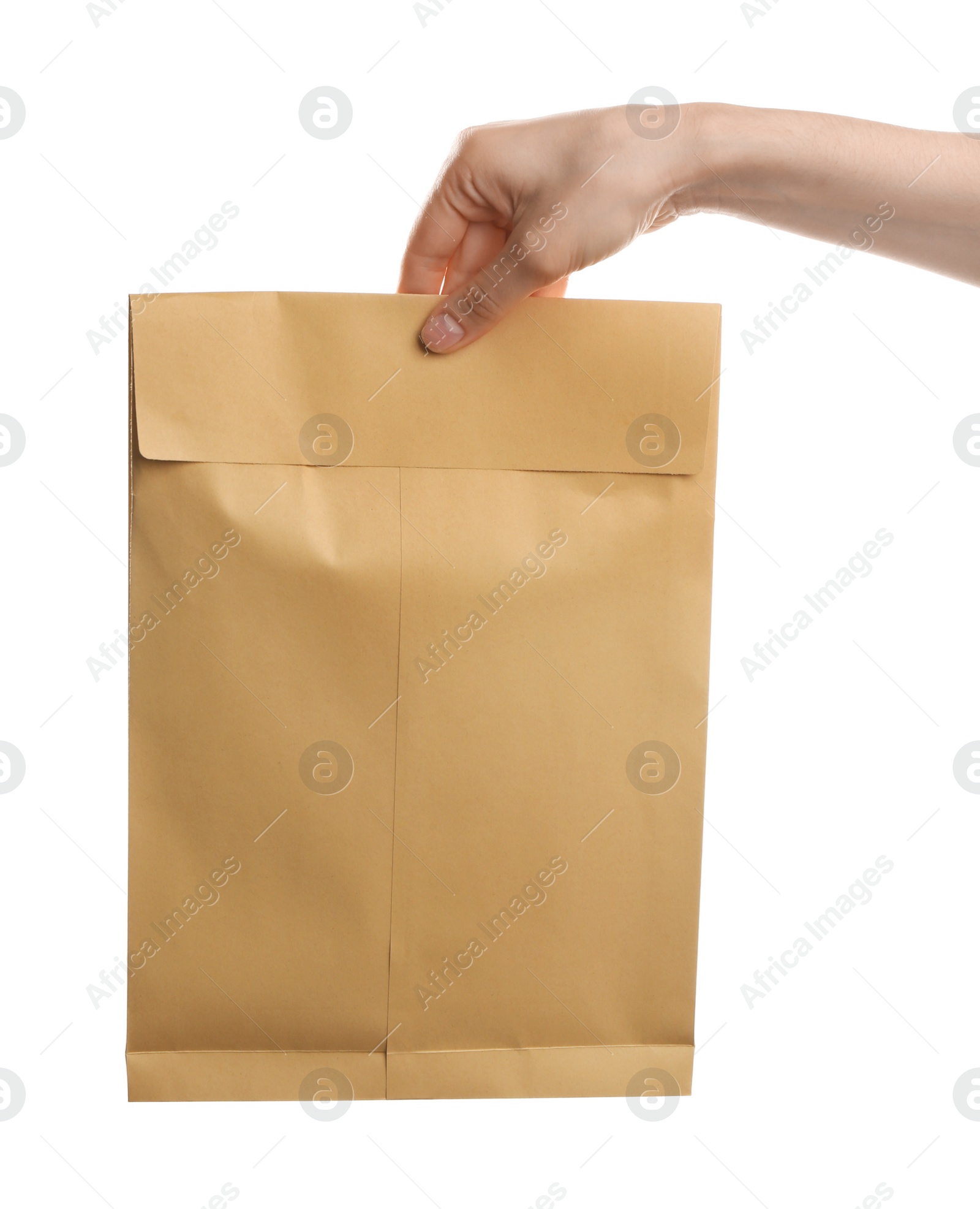 Photo of Woman holding kraft paper envelope on white background, closeup