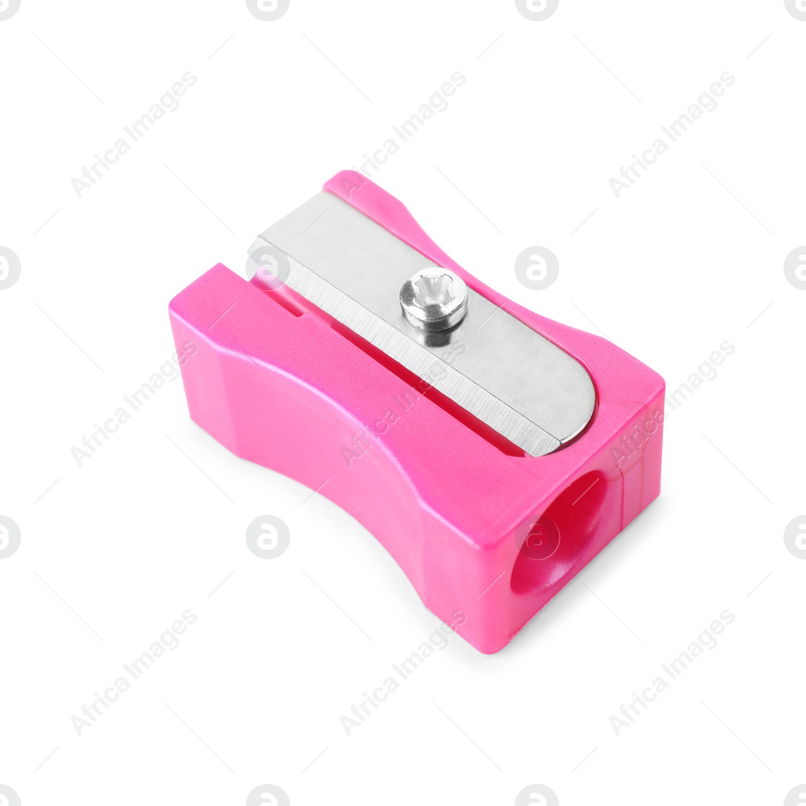 Photo of Plastic pink pencil sharpener isolated on white