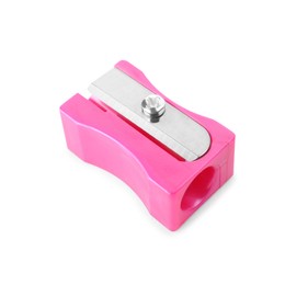 Photo of Plastic pink pencil sharpener isolated on white