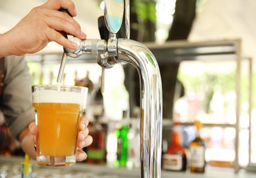 Photo of Bartender pouring fresh cold beer from tap, closeup