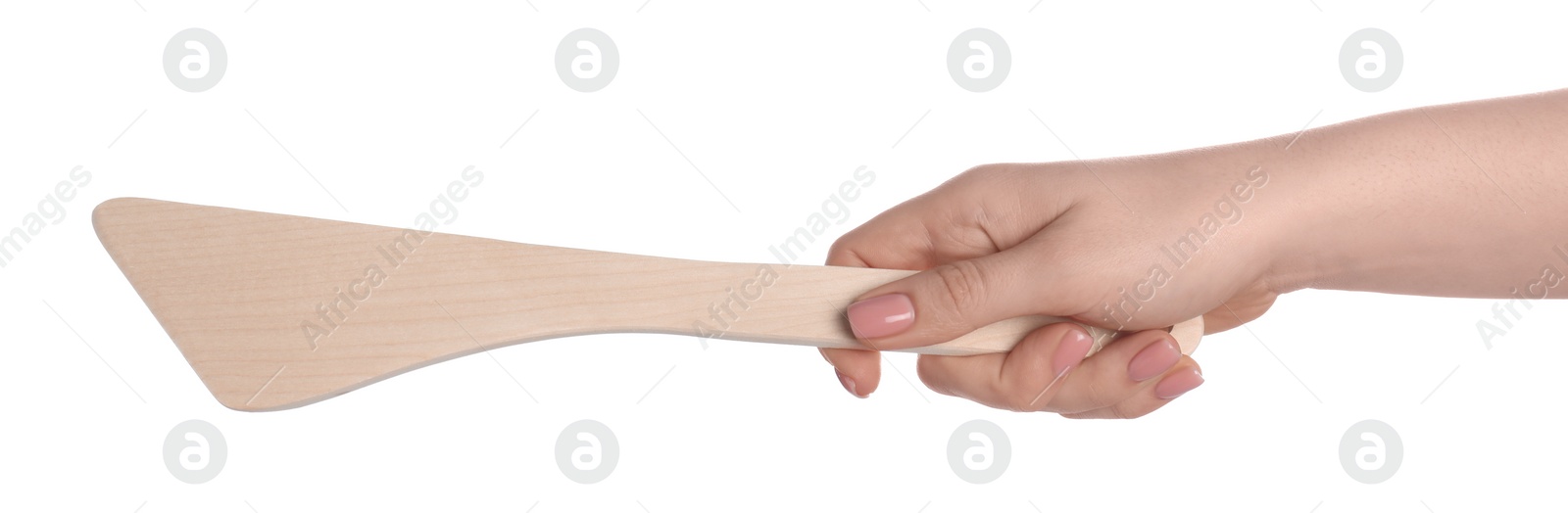 Photo of Woman with wooden spatula on white background, closeup