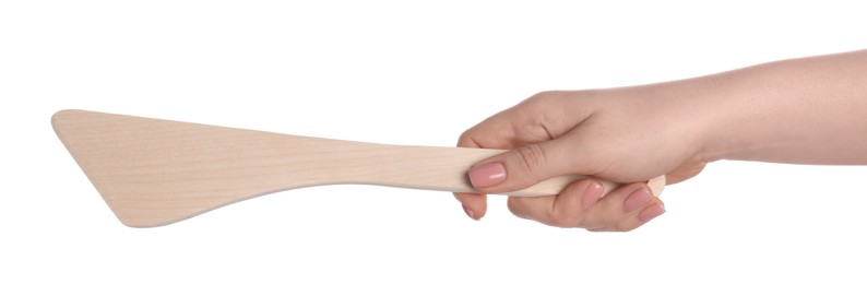 Photo of Woman with wooden spatula on white background, closeup