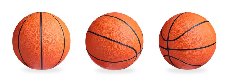 Image of Set with bright basketball balls on white background. Banner design 