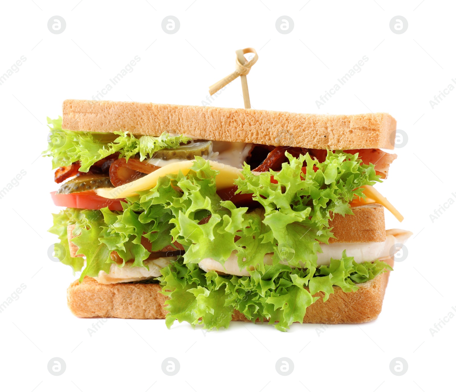 Photo of Yummy sandwich with bacon and chicken isolated on white