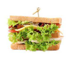 Yummy sandwich with bacon and chicken isolated on white