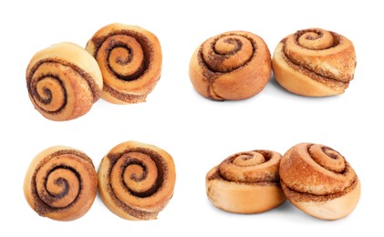 Image of Tasty cinnamon rolls isolated on white, set