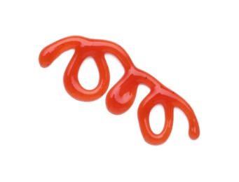 Photo of Tasty ketchup smear isolated on white, top view. Tomato sauce