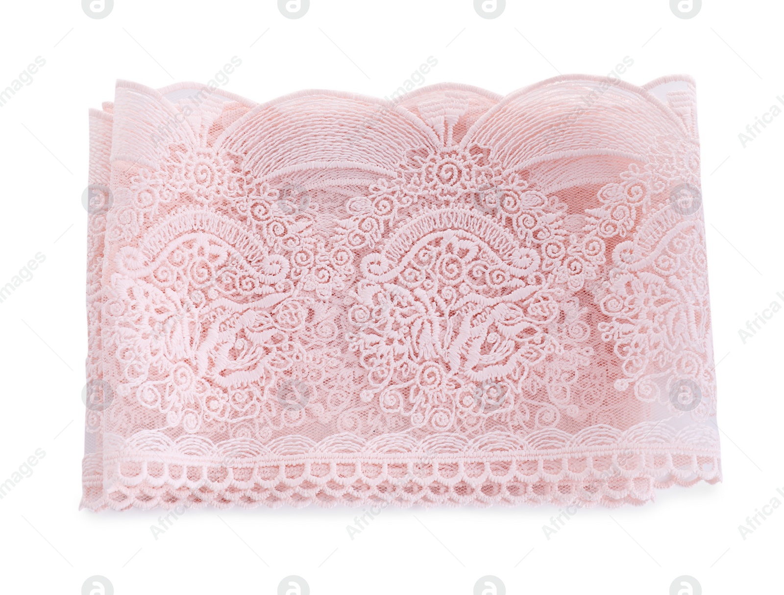 Photo of Beautiful lace isolated on white, top view