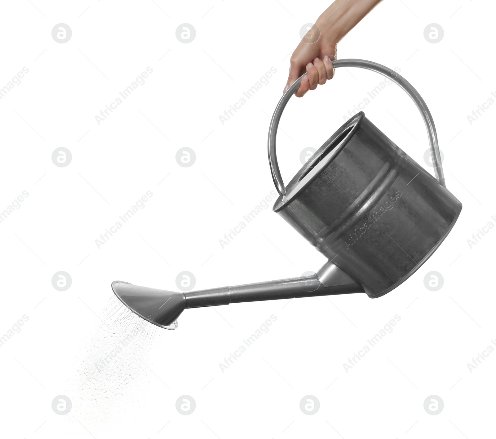 Photo of Woman pouring water from can on white background, closeup