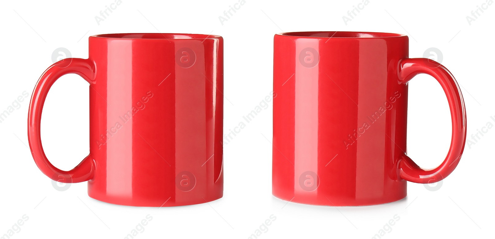 Image of Red ceramic mugs on white background, collage. Banner design