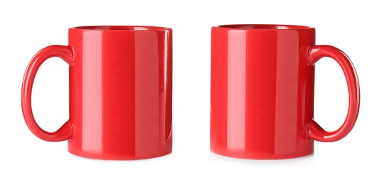 Image of Red ceramic mugs on white background, collage. Banner design