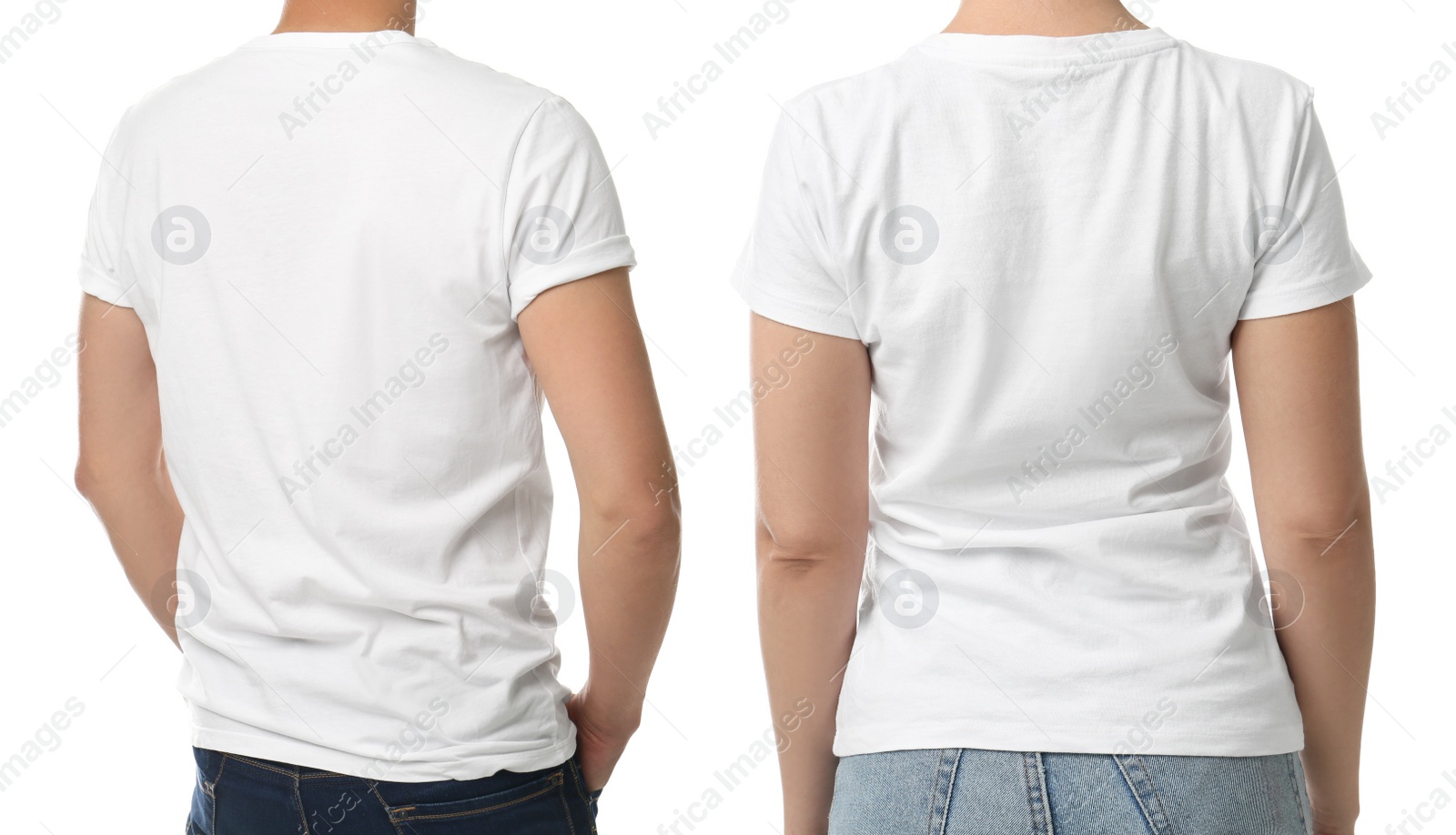 Image of Man and woman in t-shits on white background, closeup with back view. Mockup for design