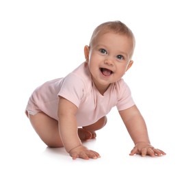 Photo of Cute little baby girl crawling on white background