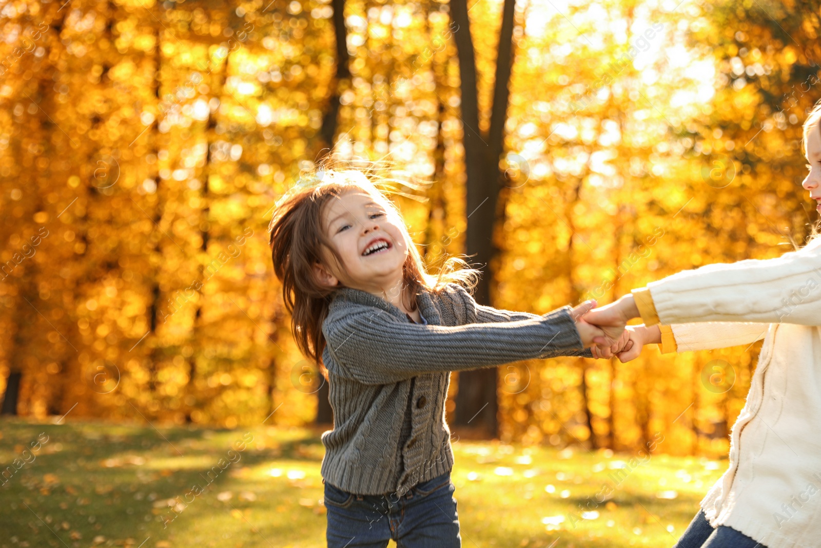 Photo of Happy little girls playing in sunny park. Autumn walk