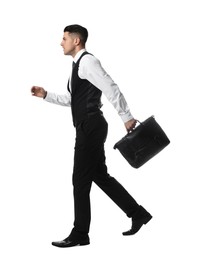 Businessman with stylish leather briefcase on white background