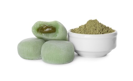 Delicious matcha mochi on white background. Japanese cuisine