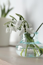 Photo of Beautiful snowdrop flowers in glass vase on wooden table