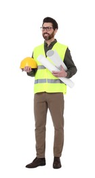 Photo of Architect with drafts and hard hat on white background