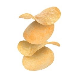 Stack of tasty potato chips on white background