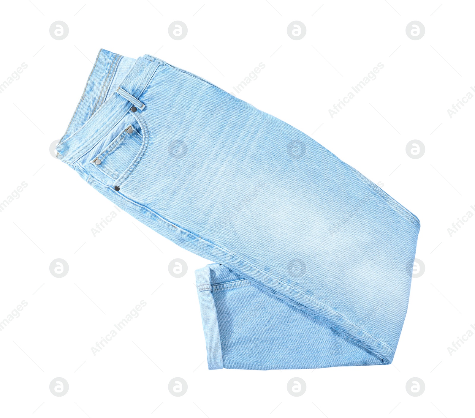 Photo of New stylish jeans isolated on white, top view