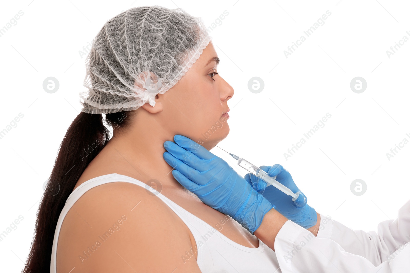 Photo of Woman with double chin getting injection on white background. Cosmetic surgery