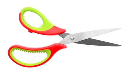 Photo of Office scissors with color handle isolated on white, top view