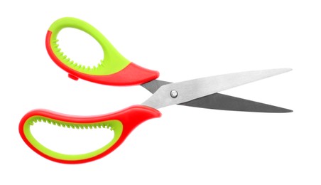 Office scissors with color handle isolated on white, top view