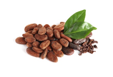 Photo of Pile of aromatic cocoa beans with leaves isolated on white