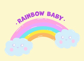 Illustration of National Rainbow Baby Day card.  rainbow with cute clouds on beige background