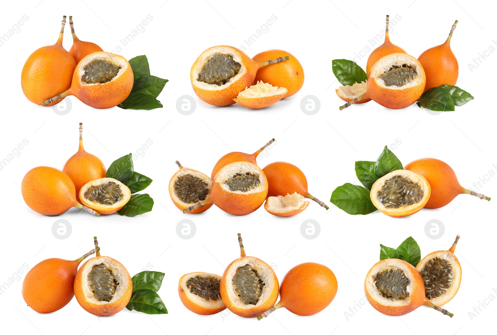 Image of Set with delicious granadillas on white background