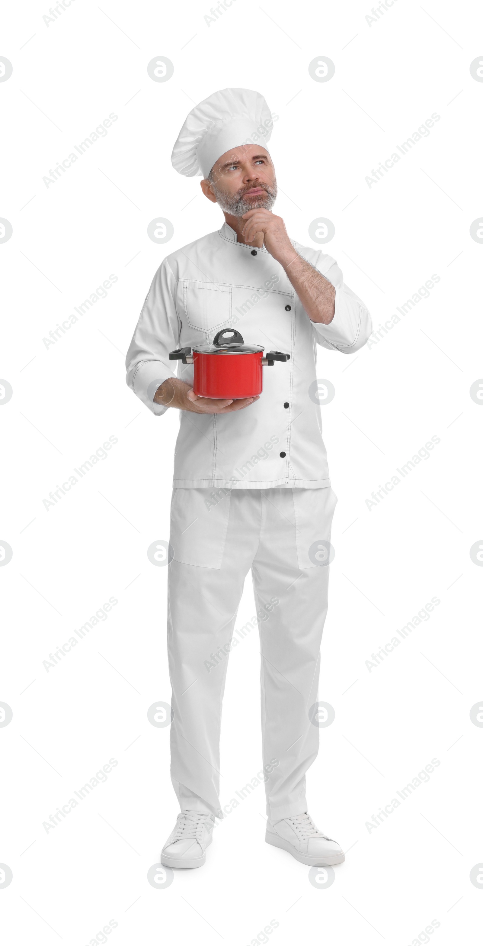 Photo of Chef in uniform with cooking pot on white background