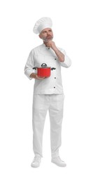 Photo of Chef in uniform with cooking pot on white background