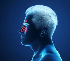 Picture of man showing nasal cavities on blue background, illustration