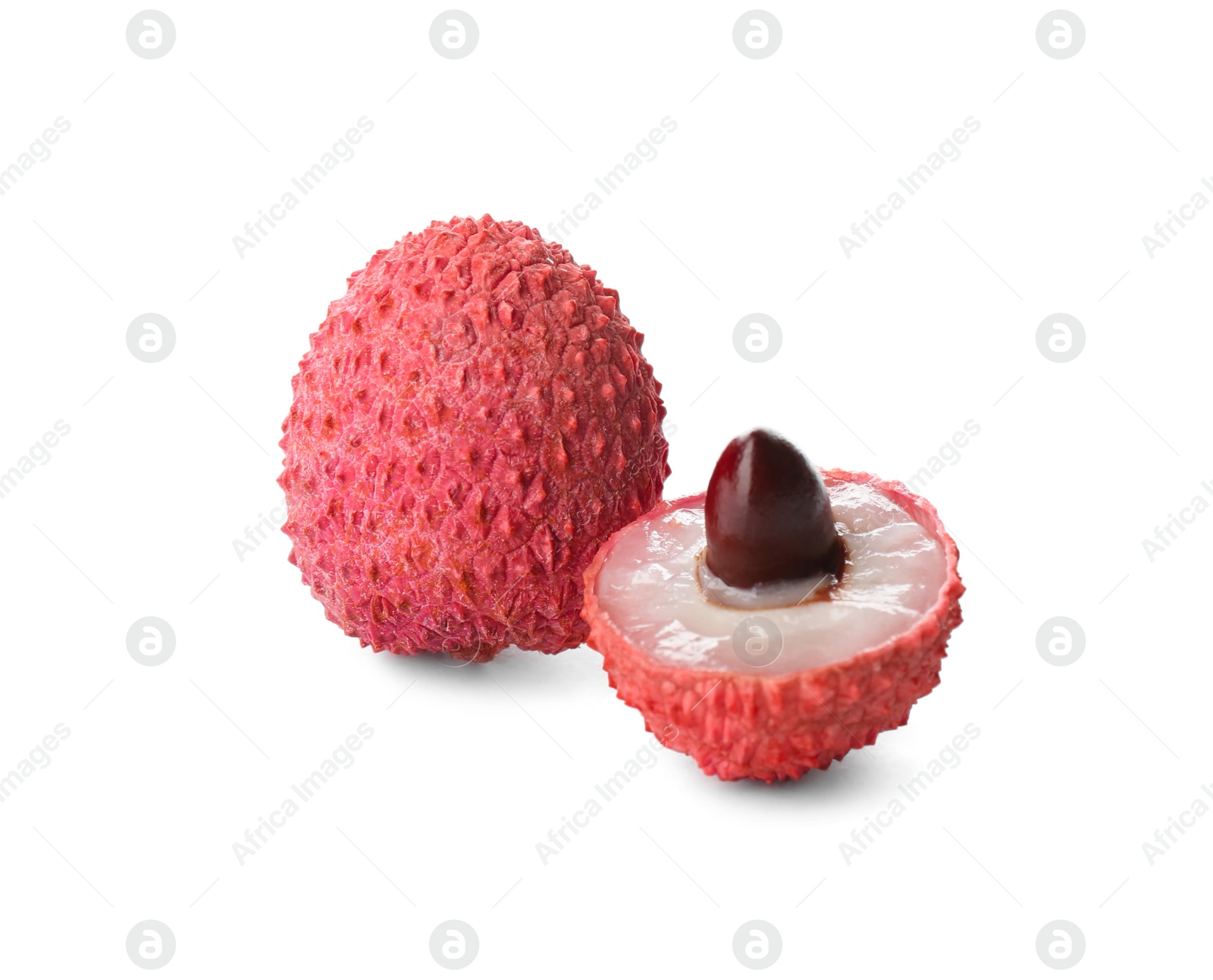 Photo of Fresh ripe lychees on white background. Exotic fruit