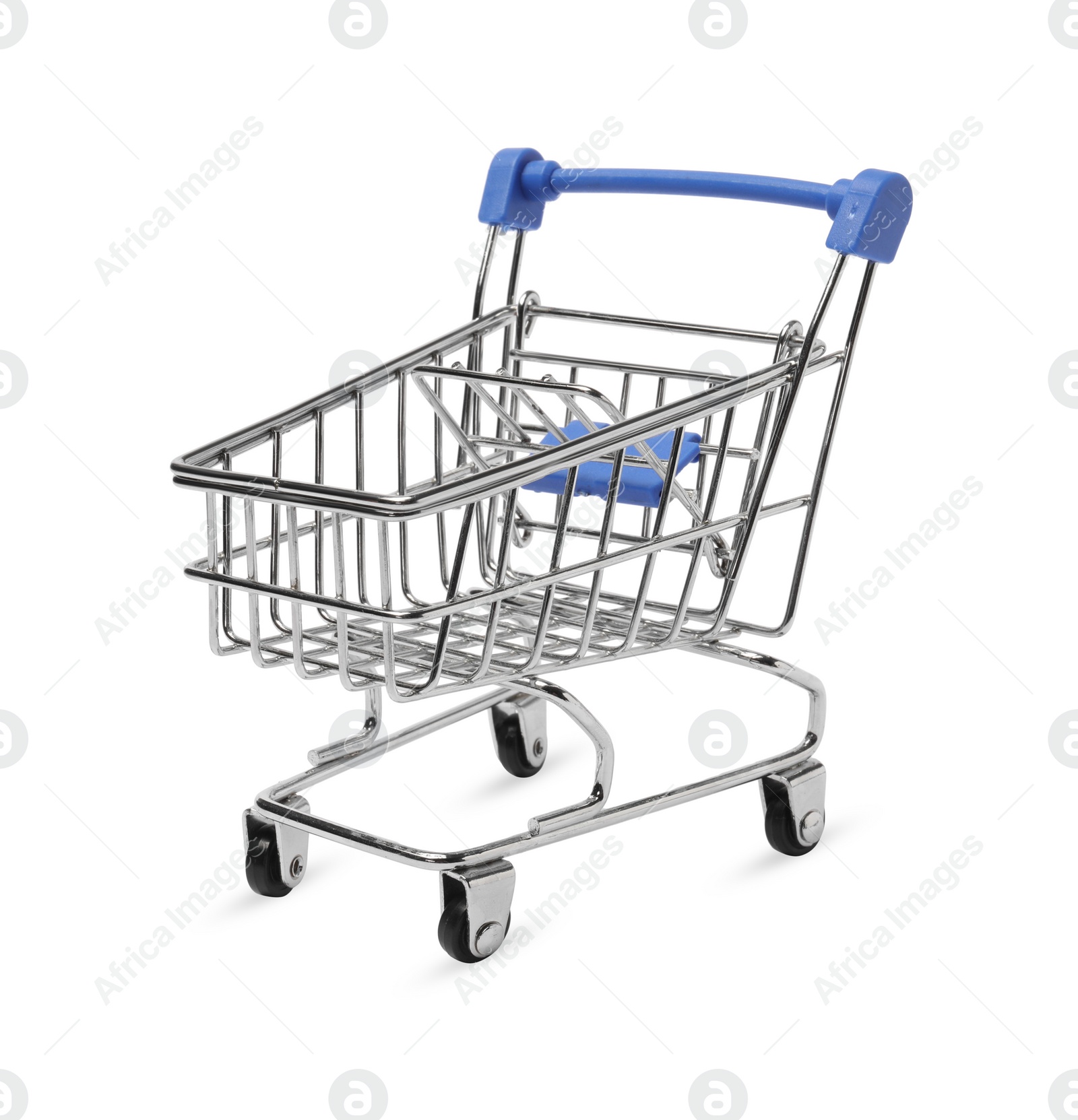 Photo of Empty mini metal shopping cart isolated on white