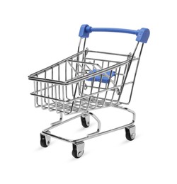 Empty mini metal shopping cart isolated on white